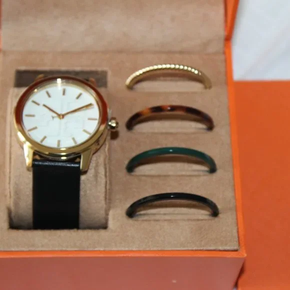 NIB TORY BURCH GIGI GOLD CASE BLACK LEATHER WATCH TOP RINGS GIFT SET TBW2018 - Picture 4 of 12